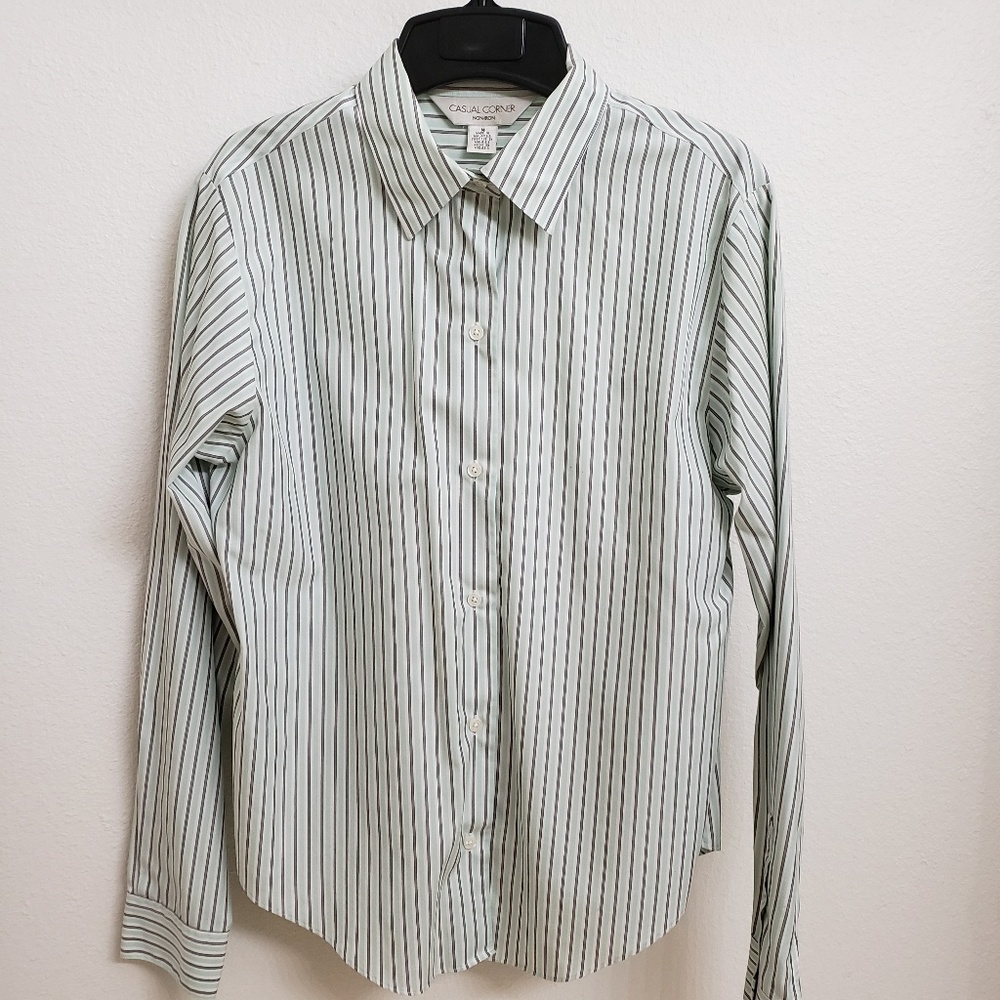 Casual Corner Lg Sleeve Blk/Green Stripe Blouse M
